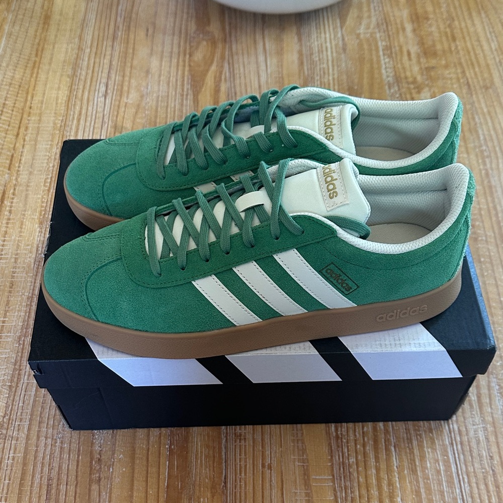 Adidas VL Court Men’s 10.5 Green Suede Sneakers with Cream Stripes and Gum Sole